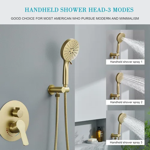 Miniatura 4 de Sistema de ducha de oro cepillado de 12 pulgadas para baño, cabezal de ducha de lluvia dorado de alta presión con rociador de mano, accesorios