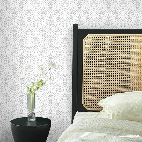 Miniatura 6 de Ismoon Papel tapiz geométrico de 17.3 x 393 pulgadas, papel tapiz blanco y plateado, papel tapiz moderno autoadhesivo de pared, papel de contacto