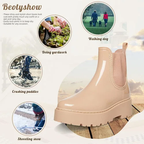 Miniatura 2 de Botas de lluvia con plataforma para mujer, botas Chelsea de charol impermeables, botas de punta redonda para mujer