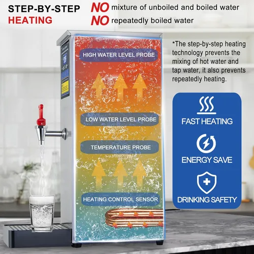 Miniatura 3 de Dispensador de agua caliente, caldera de agua comercial, calentador eléctrico, máquina de agua caliente, acero inoxidable, 30 L (8 galón), control