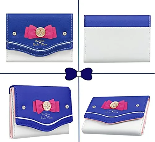 Miniatura 2 de Sailor Moon - Cartera pequeña de piel sintética con lazo Kawaii Tsukino Usagi triple para tarjetas de crédito para niñas, Azul oscuro, Lindo
