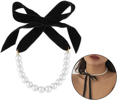 Miniatura 5 de AKOAK 1 paquete de collar de lazo negro vintage con lazo de perlas, longitud ajustable, elegante collar de joyería único, cadena de suéter