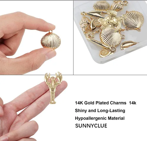 Miniatura 3 de SUNNYCLUE 1 caja de 1.90 oz de dijes chapados en oro real de 14 quilates a granel de oro de verano de océano, 16 piezas de dijes de vida marina