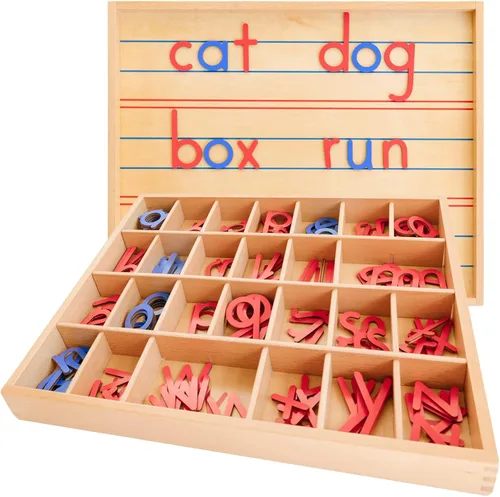 Letras móviles de madera del alfabeto Montessori, alfabeto móvil con alfombrillas de caja, minúscula para escribir, leer, ortografía y materiales