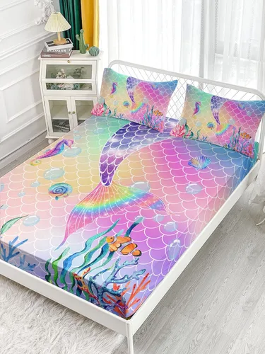 Miniatura 3 de Datura home Juego de sábanas de 4 piezas ajustadas y planas para niñas, cola de sirena rosa arcoíris impresa con 1 + 2 fundas de almohada