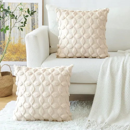 Miniatura 2 de OTOSTAR Juego de 2 fundas de almohada decorativas de terciopelo de lana suave con patrón de flores en 3D, fundas de cojín para sofá de sala de Crema