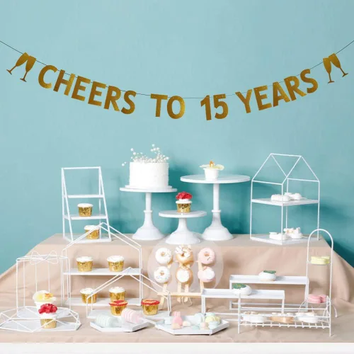 Miniatura 3 de Betteryanzi - Cartel dorado de "Cheers to 15 años", pre-encordado, suministros de decoración de fiesta de aniversario de boda y cumpleaños