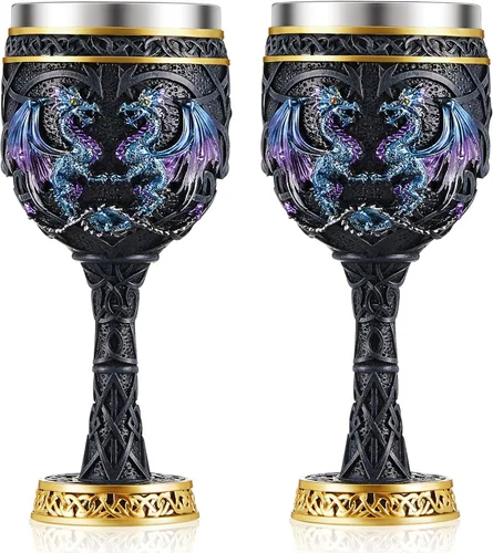 Jinei 2 piezas de copas y cálices medievales, cáliz de vino de dragón, cáliz de resina, copa de dragón de 7 oz, copa de vino gótica, copa de acero