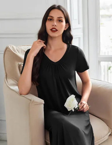Miniatura 2 de Ekouaer Paquete de 3 camisones largos para mujer, talla grande, vestido de casa de manga corta, cuello en V, camisón casual, M-5XL