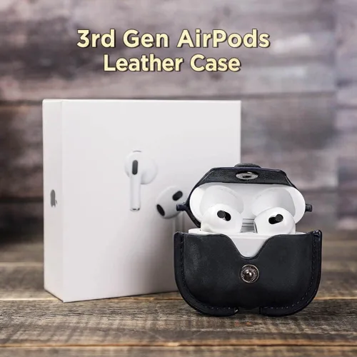 Miniatura 2 de Hiram - Funda de cuero genuino para AirPods de 3ª generación 2021, funda de viaje portátil de cuero de vaca de caballo loco para Airpods de 3ª