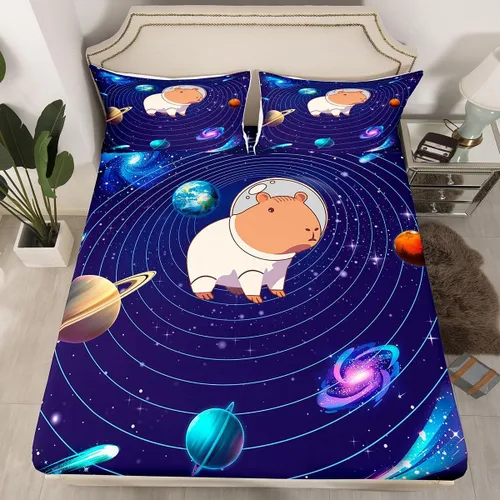 Erosebridal Lindas sábanas de Capybara para niños y niñas, diseño de universo azul, con temática del espacio exterior, juego de cama de Capybara