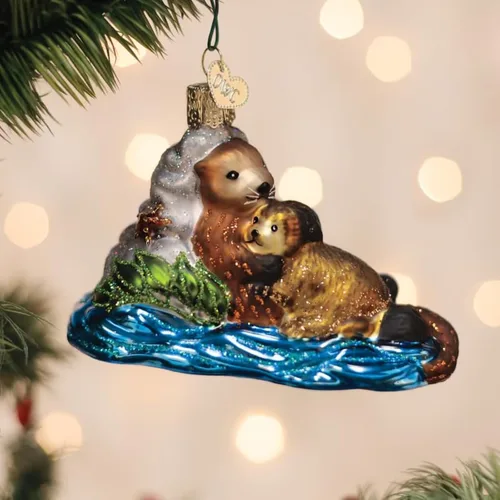 Miniatura 5 de Old World Christmas Nutria con adorno de vidrio soplado para árbol de Navidad, decoración navideña artesanal, colección de animales marinos