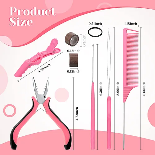 Miniatura 2 de Kit de herramientas de extensión de cabello de 16 piezas, alicates para quitar 2500 anillos de micro silicona, gancho para tirar de cuentas, aguja