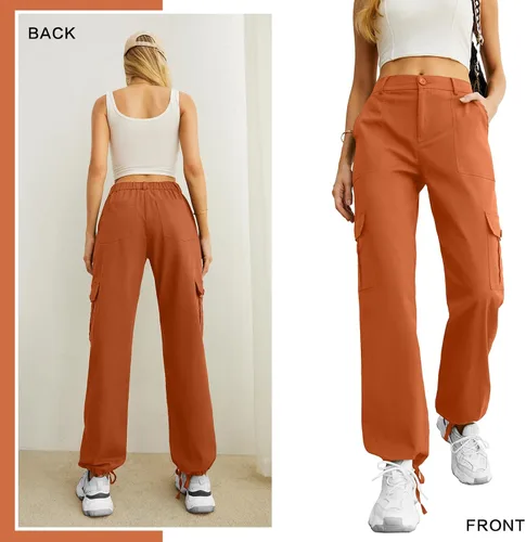 Miniatura 5 de Lepunuo Pantalones cargo de cintura alta para mujer, pantalones de viaje Y2K Streetwear holgados elásticos con 6 bolsillos con cordón en los tobillos