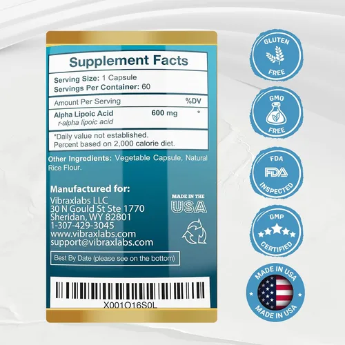 Miniatura 5 de Cápsulas de ácido alfa lipoico de 600 mg – Suplemento extra fuerte ALA – Las mejores cápsulas vegetarianas puras para el dolor nervioso, piel, cara