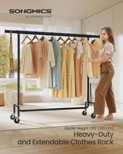 Miniatura 2 de SONGMICS Perchero con ruedas, estante de ropa resistente con varilla colgante extensible, capacidad de carga de 286.6 lb, 17.7 x (43.3-59.1) x 64.1