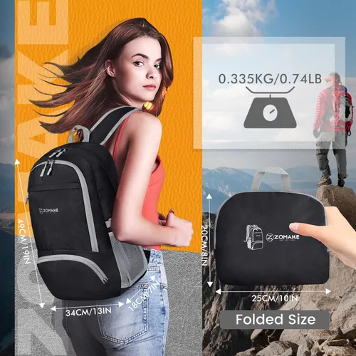 Miniatura 3 de ZOMAKE Mochila plegable ligera 30L, mochilas plegables para senderismo, mochila plegable compacta resistente al agua para viajes Negro