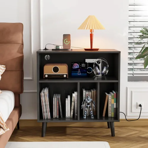 Miniatura 8 de VINGLI Soporte para tocadiscos con almacenamiento de vinilo abierto, mesa de almacenamiento de álbumes de mediados de siglo con luz LED de hasta 300