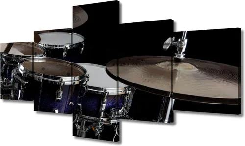 Arte de pared en blanco y negro, kit de batería de jazz morado sobre fondo negro, pinturas de 5 paneles, lienzo, arte de pared para decoración del