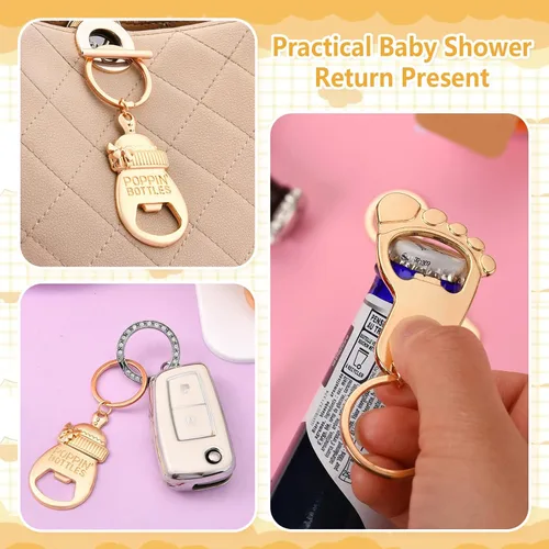 Miniatura 7 de 50 unidades de abrebotellas Keycahin de huella de bebé, llavero Poppin botellas de baby shower con tarjetas, carrito de bebé en forma de regalo