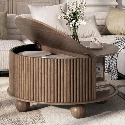 Miniatura 20 de SULIVES Mesa auxiliar ovalada con almacenamiento, mesa de centro multifuncional con tambor elevable, pequeña mesa central acanalada para sala
