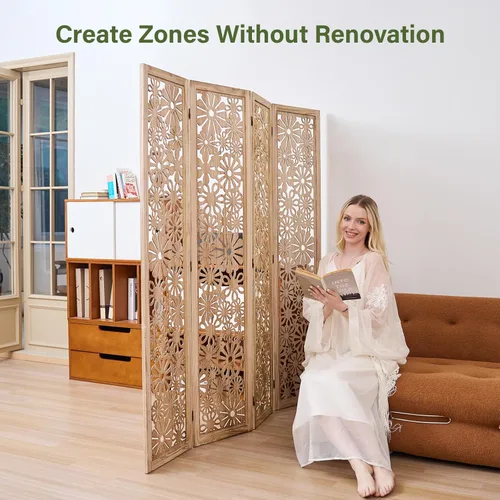 Miniatura 5 de Panel divisor de madera plegable, pantalla de privacidad tallada en margaritas de 67 pulgadas de alto, no requiere montaje, partición decorativa