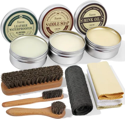 Nuroon Kit de cuidado de cuero de 10 piezas: 3 cepillos de crin de caballo, jabón de sillín de 1.76 onzas, aceite de visón de 1.76 onzas y