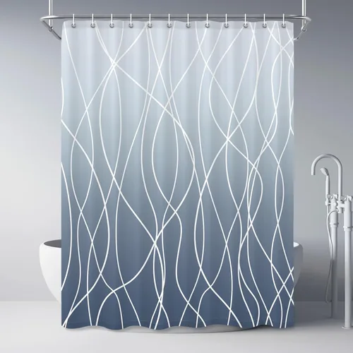 Miniatura 19 de Juego de cortinas de ducha azul egeo para baño con ganchos, cortinas de baño decorativas repelentes al agua y lavables con rayas blancas, 72 x 72