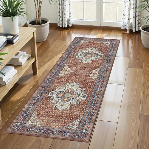 Miniatura 9 de Alfombra de Área Lavable 2'6'' x 8' Alfombra Persa Tradicional Vintage - Alfombra Plegable Desgastada Antideslizante Lavable a Máquina para Sala