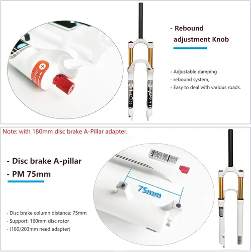 Miniatura 5 de Horquilla delantera 26 27.5 29 pulgadas de recorrido, 5.512 in, horquillas de suspensión para bicicleta de montaña Air con adaptador de freno