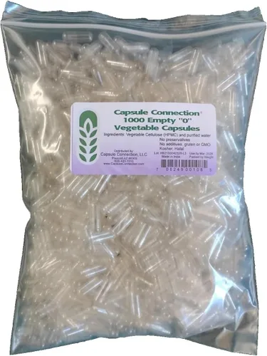 Capsule Connection Cápsulas de verduras vacías al por mayor, tamaño "0", veganas y vegetarianas, (1000) bolsa resellable