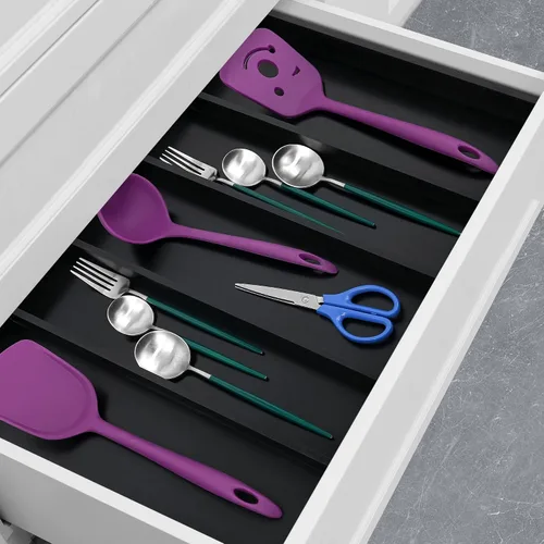 Miniatura 6 de Utoplike Organizador de cajones de cubiertos de bambú, organizador de cajones de utensilios de cocina expandibles, separadores de bandeja de Negro