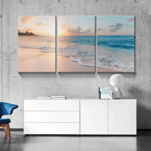 Miniatura 4 de Denozer - Lienzo decorativo de 3 paneles para decoración del hogar, mar azul, puesta de sol y playa, pintura blanca, impresión sobre lienzo, paisaje