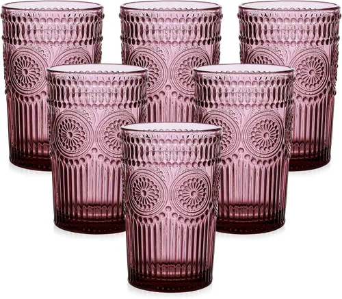 Miniatura 9 de ZMOWIPDL Juego de 6 vasos de vidrio vintage para beber, vasos de agua de vidrio con textura transparente con diseño de flores, vasos de agua a rayas