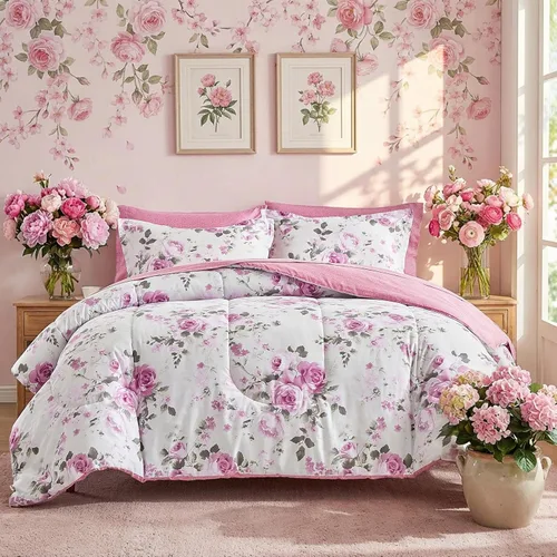 Miniatura 12 de Juego de sábanas de edredón de flores, color gris, cama en una bolsa, juego de ropa de cama reversible de 7 piezas tamaño King de microfibra floral
