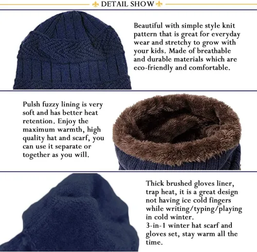 Miniatura 2 de T WILKER Juego de 3 gorros de invierno para niños, bufanda y guantes para pantalla táctil