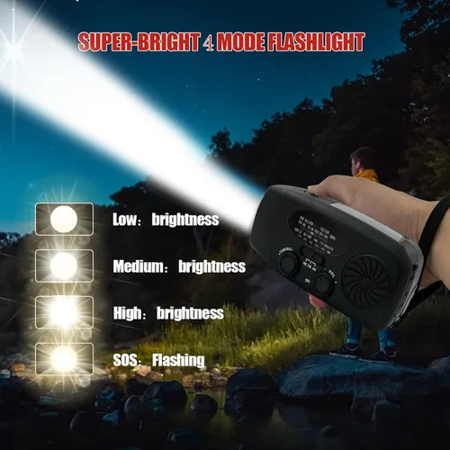 Miniatura 5 de Radio meteorológica NOAA con manivela solar de emergencia con AM/FM, cargador de teléfono USB de 2000 mAh y 3 linterna LED, alarma SOS para Negro
