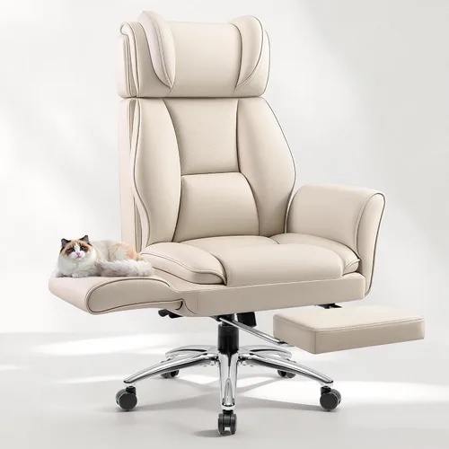 Silla de oficina grande y alta, reposabrazos abatibles para mascotas y patas cruzadas, silla de escritorio ejecutiva ergonómica de cuero con Beige