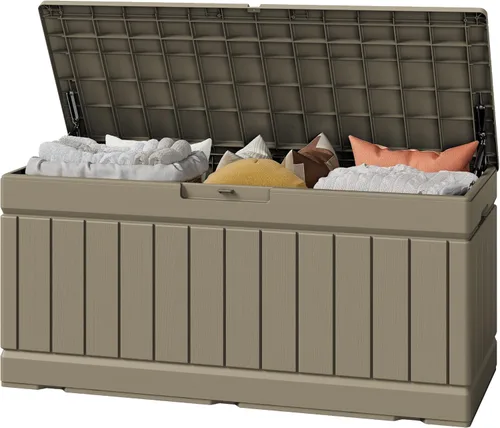 Greesum Caja de almacenamiento para exteriores de 82 galones con tapa para muebles de patio, herramientas de jardín, suministros de piscina, Café