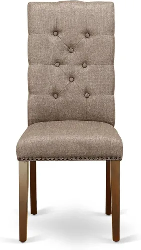 Miniatura 5 de East West Furniture ELP3T16 Elsa Parson - Juego de 2 sillas de comedor tapizadas de tela de lino color caqui oscuro con ribete de cabeza de clavo