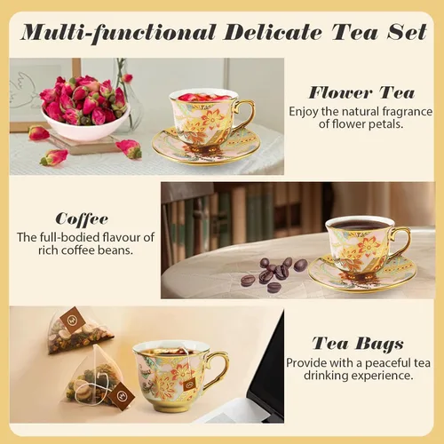 Miniatura 4 de Juego de 6 tazas de té y platillos, juego de té floral vintage de porcelana para expreso, café, moca, capuchino, fiesta de té de la tarde