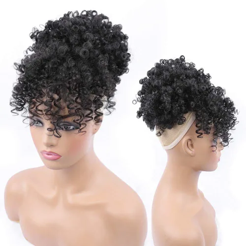 Miniatura 4 de Cola de caballo con cordón y flequillo, extensiones de cola de caballo afro para mujer, cola de caballo corta y rizada con flequillo con clip para 1b