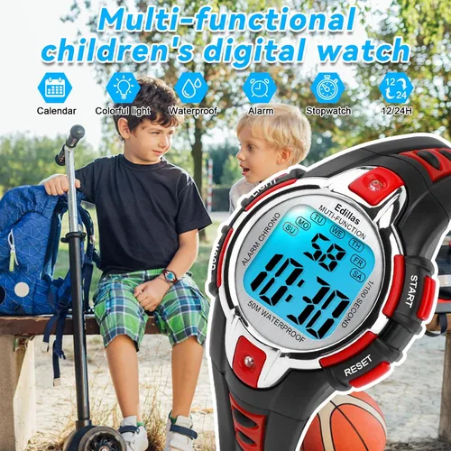 Miniatura 4 de Edillas Relojes digitales para niñas y niños, reloj de pulsera de 7 colores para niños, impermeable, deportivo, al aire libre, multifuncional