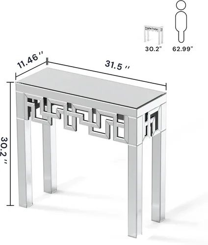 Miniatura 2 de Mesa consola plateada con acabado de espejo, moderna mesa de entrada de cristal, diseño geométrico, 32 pulgadas de ancho, mesa de consola pequeña