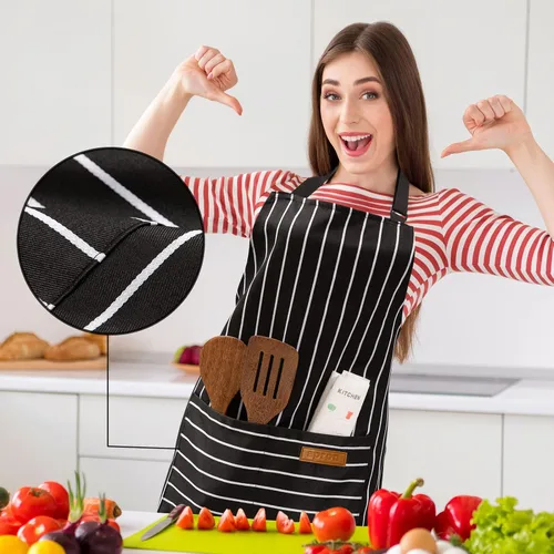 Miniatura 4 de BeLuyi - Paquete de 2 delantales ajustables con peto, delantales de chef para cocina, restaurante, con 2 bolsillos, delantales para mujeres