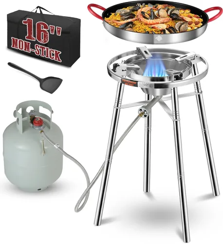 ARC Paella antiadherente - Juego de quemador y soporte de acero inoxidable, juego de paella con cabezal de quemador de propano, bolsa de transporte,