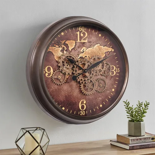 Miniatura 3 de CLXEAST Reloj de pared grande de 24 pulgadas con engranajes móviles, relojes industriales con esfera de mapa del mundo, reloj de pared fresco
