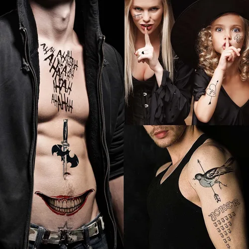 Miniatura 3 de Zeecdatoo 34 hojas de tatuajes de Joker, tatuajes temporales de Halloween para disfraces de cosplay de Halloween y accesorios de fiesta, tatuajes
