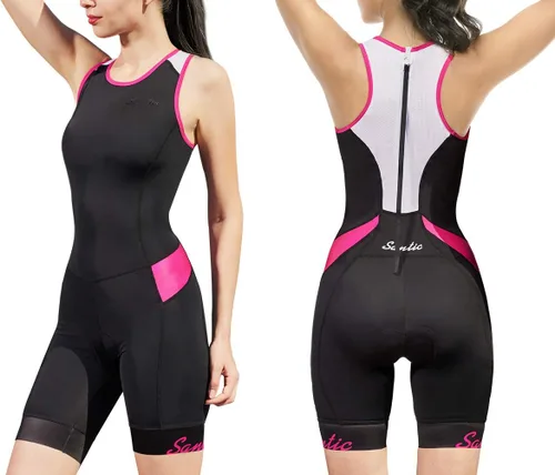 Traje de triatlón de una pieza sin mangas para mujer, acolchado de secado rápido, adelgazante, para correr, nadar, ciclismo Negro/Rosa Rojo