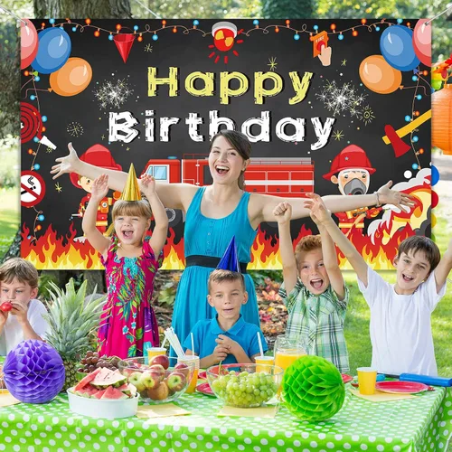 Miniatura 6 de Tatuo Cartel de fondo de fiesta de cumpleaños de camión de bomberos, 71 x 43 pulgadas, decoración de cumpleaños para niños y niñas, decoración